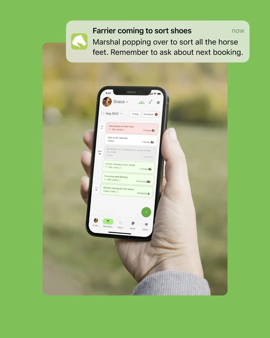 Equitask event detail screen with an assigned horse and recurring schedule