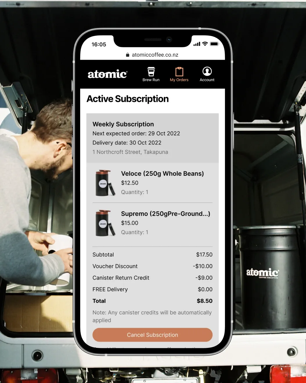 Brew Run Active Subscription screen showing a weekly order, canister return credit and total