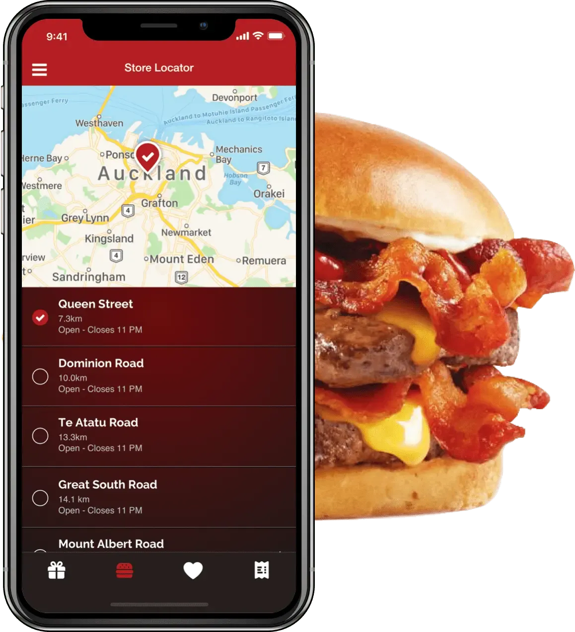 Wendy's app store locator listing Auckland restaurants by distance and hours, beside a bacon burger
