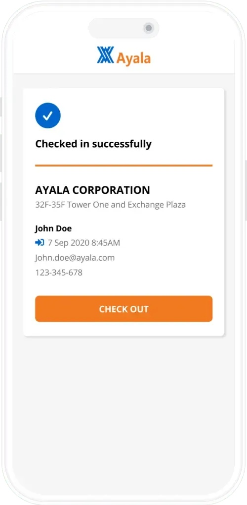 Ayala check-in confirmation screen showing successful check-in with visitor details and a check-out button