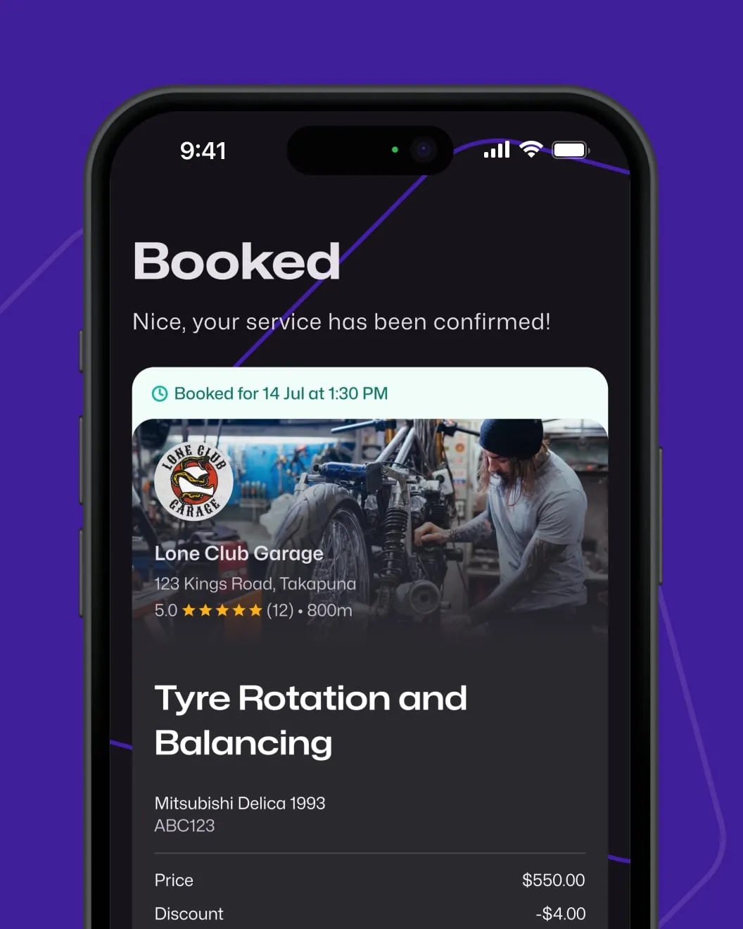 Motorfy booked screen confirming a tyre rotation and balancing service