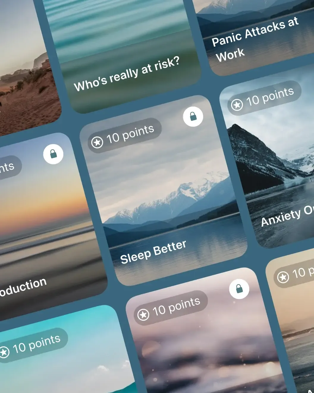 Take a Breath BreathePods grid of insight cards like Sleep Better and Panic Attacks at Work