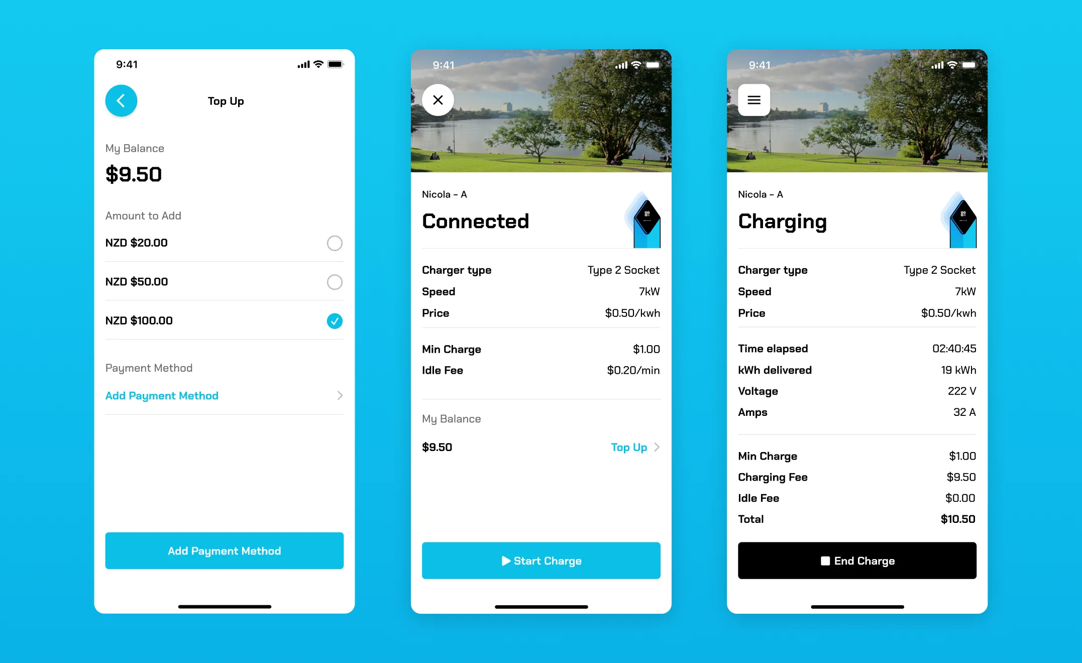 Hikotron app Top Up, Connected, and live Charging screens showing speed, kWh delivered, and fees