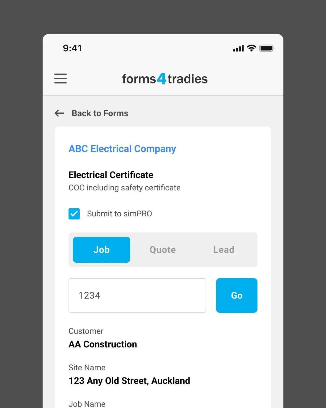 Forms 4 Tradies mobile form matching a submission to a simPRO job for customer AA Construction