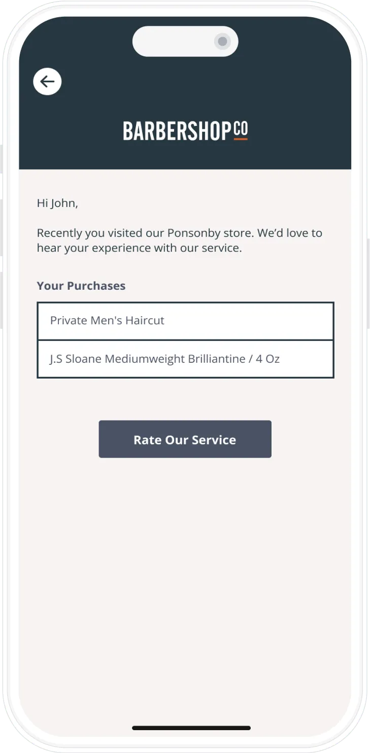 BarberShopCo post-visit feedback screen listing recent purchases with a Rate Our Service button