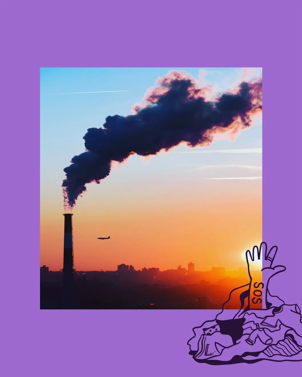 All Things Considered editorial graphic of a factory smokestack at sunset with an SOS hand rising from discarded clothes