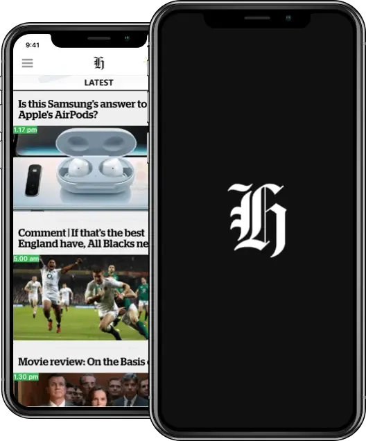 NZ Herald app on two iPhones, one showing the Latest news feed and one showing the H logo splash screen