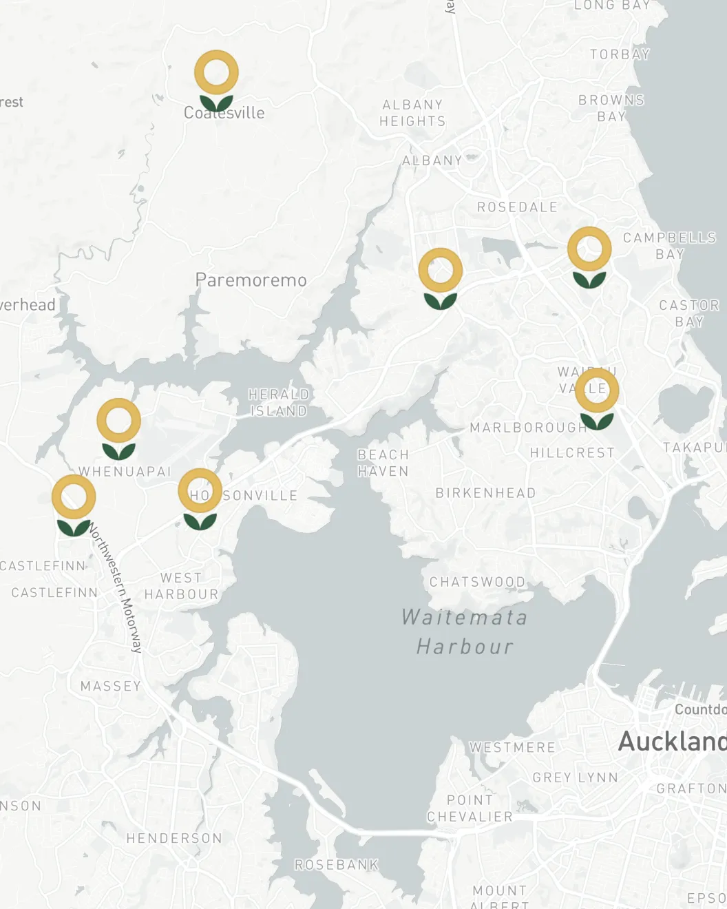 New Shoots Google Maps location finder with flower pins across Auckland centres