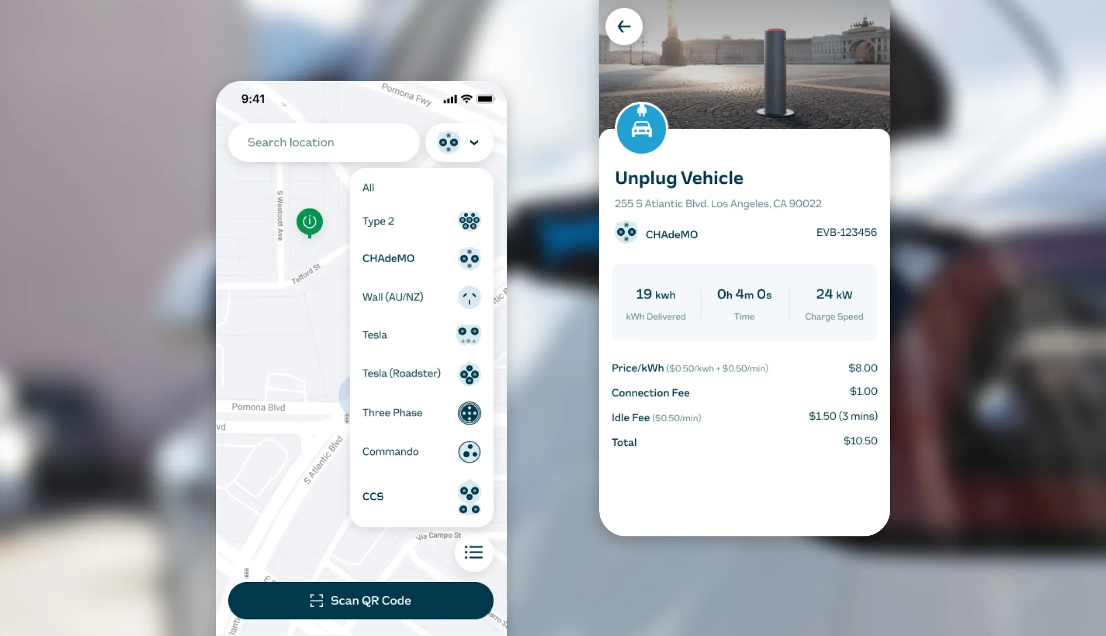 Invisible Urban driver app connector-type filter and charging session summary with kWh, time and cost