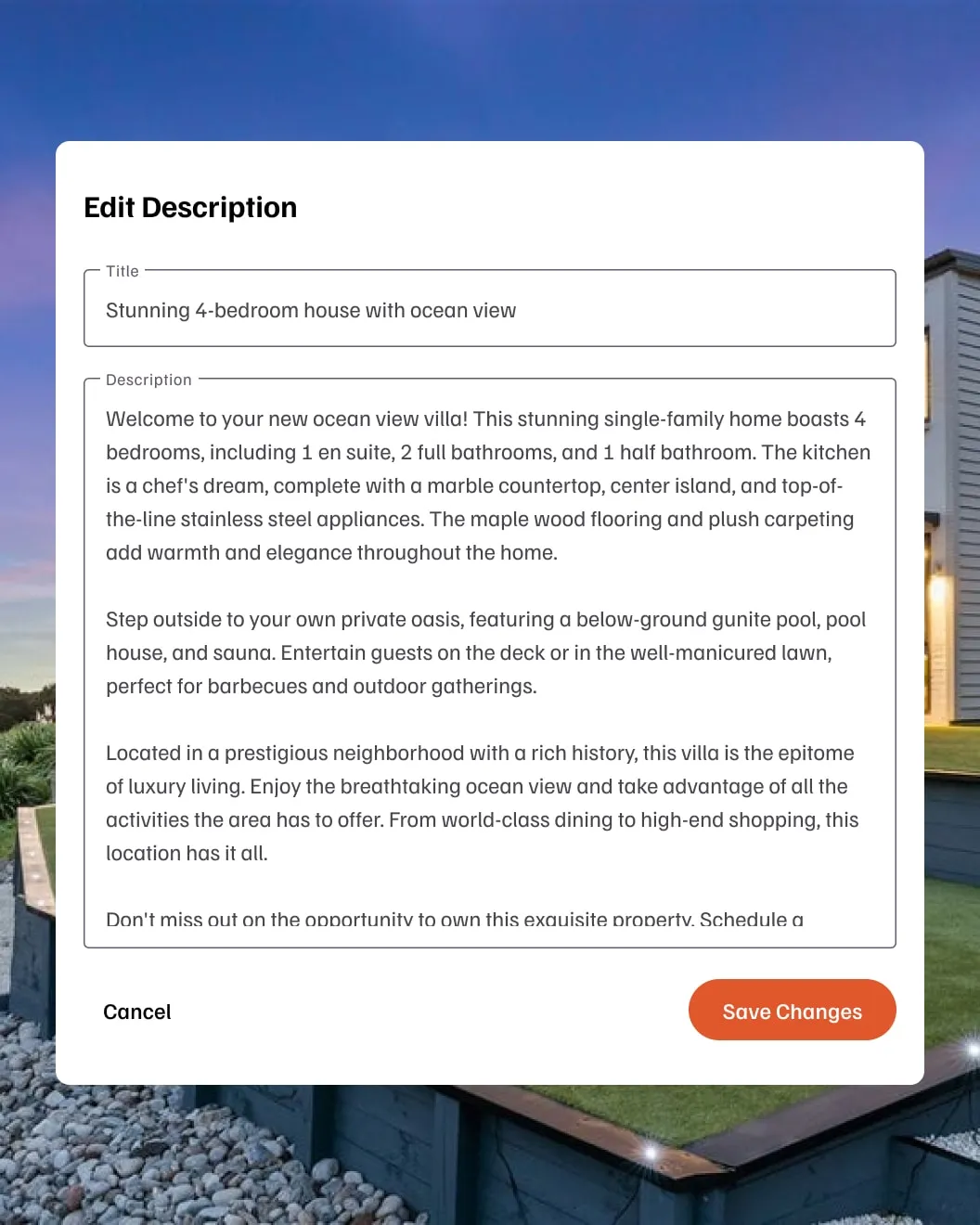 Property Writer AI edit description modal with listing title and description text fields