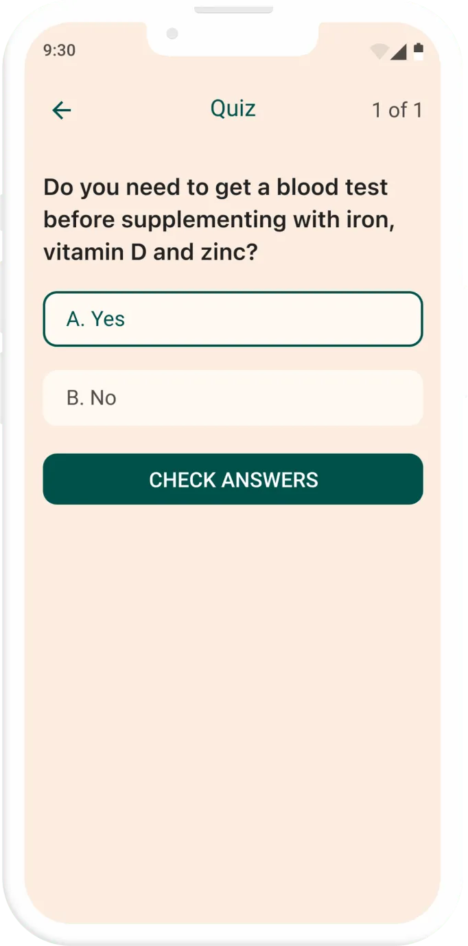 Ovie interactive quiz asking a yes or no question about blood tests before supplementing, with a check answers button