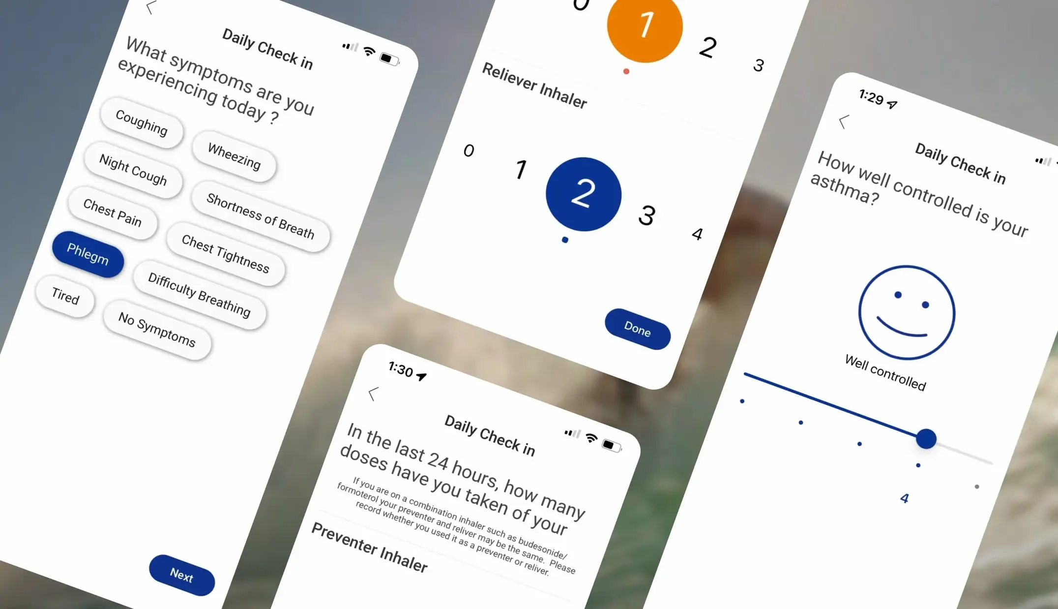 RespiTrak Daily Check-in screens for logging symptoms, reliever inhaler doses and asthma control