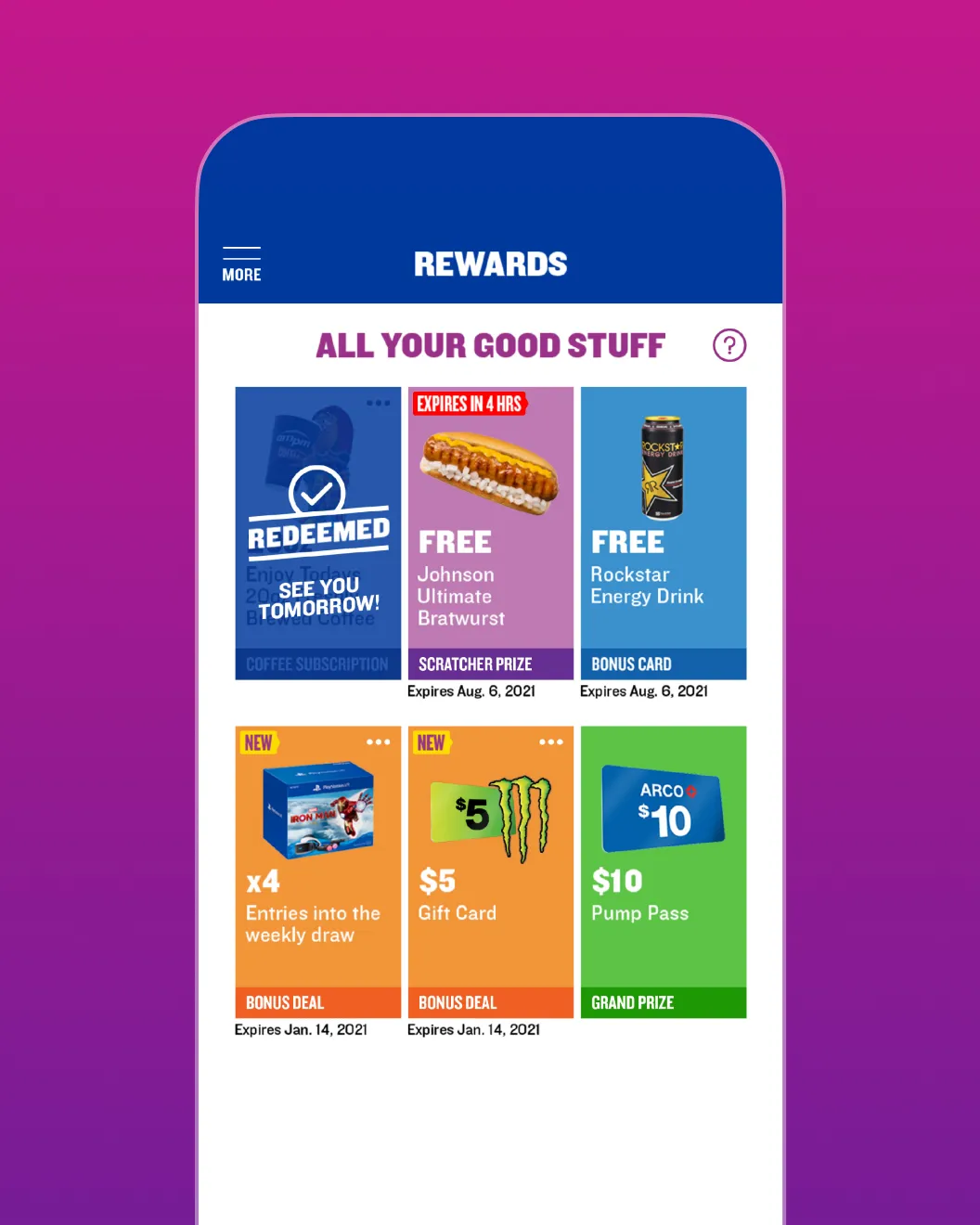 ampm Rewards wallet of earned prizes including a free bratwurst, Rockstar drink, gift card, and pump pass