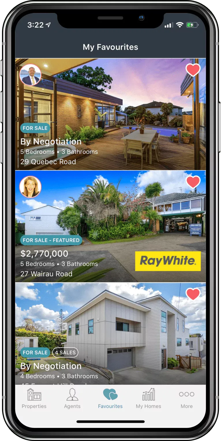 My Favourites screen listing saved Homes.co.nz properties with heart icons