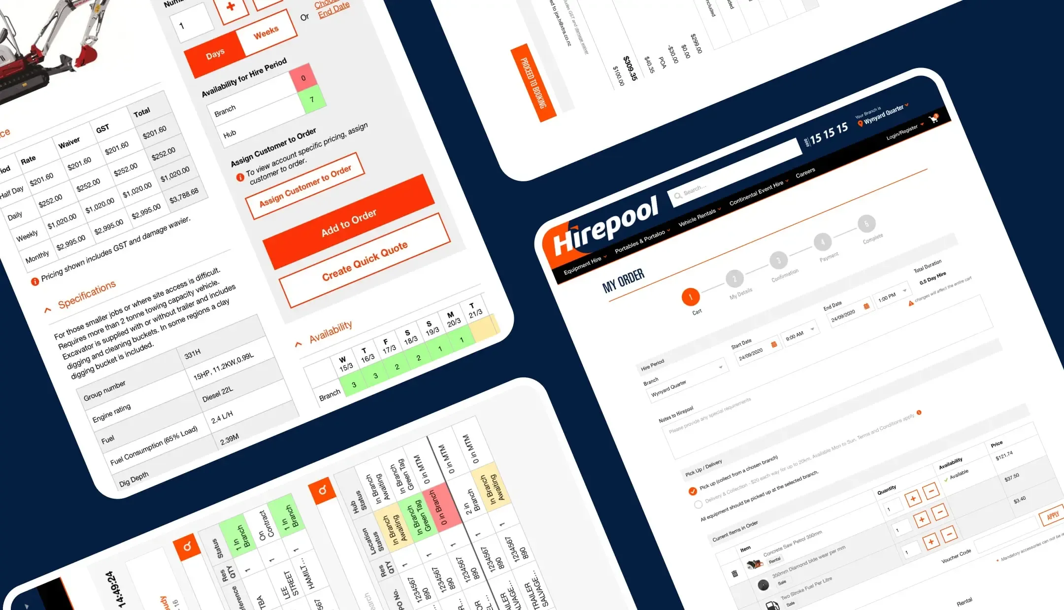 Hirepool hire platform screens across tablet and desktop showing order cart, pricing and live equipment availability