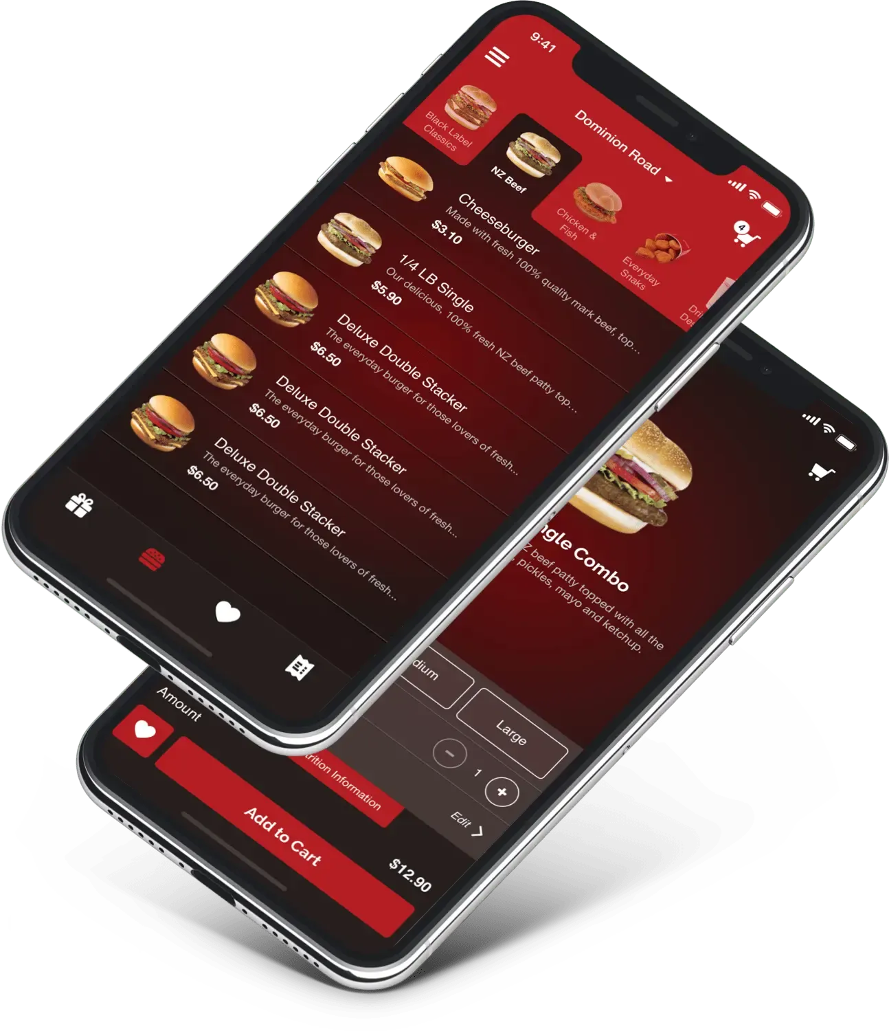 Wendy's app ordering flow with the NZ Beef menu and an Add to Cart item detail on two iPhones