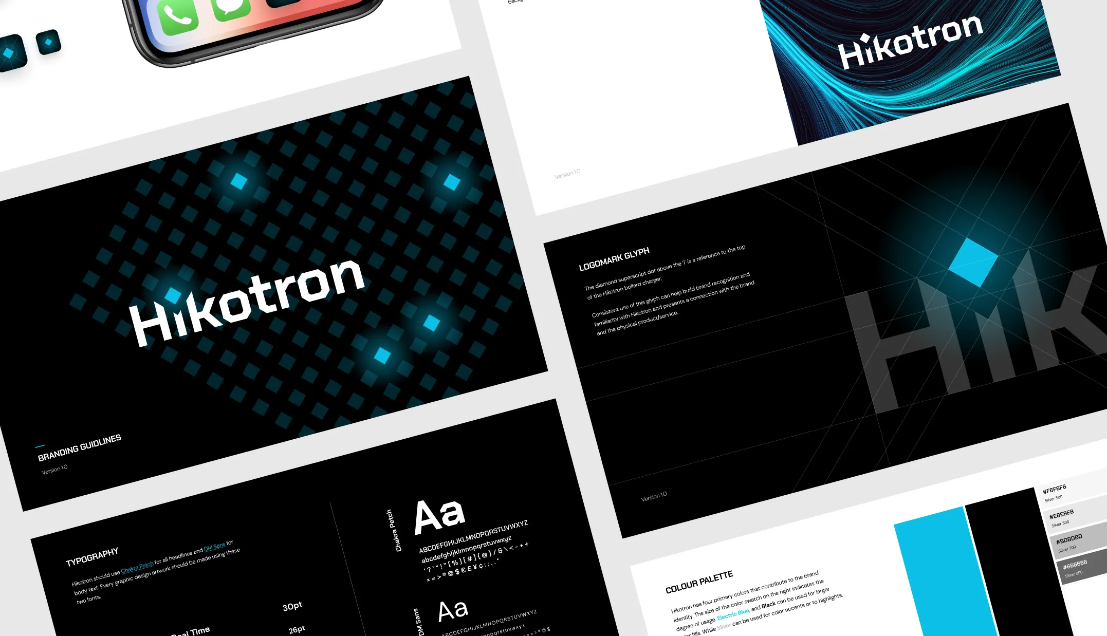 Hikotron brand guideline slides showing the logo, logomark glyph, typography, and colour palette