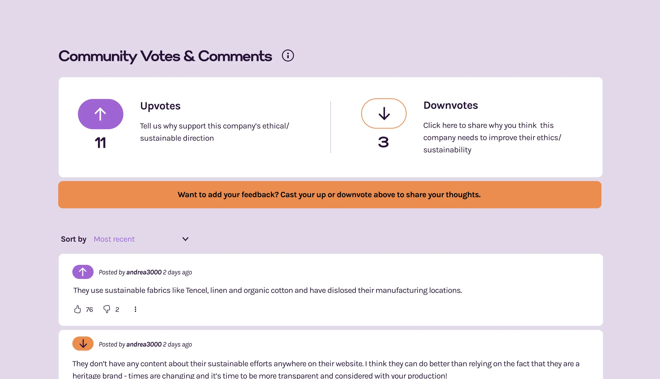 All Things Considered Community Votes and Comments screen where users upvote or downvote a brand's ethics and leave feedback