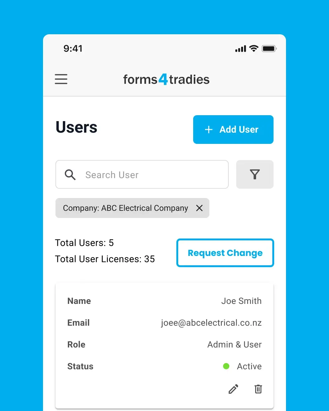 Forms 4 Tradies users admin screen showing team members and their license count