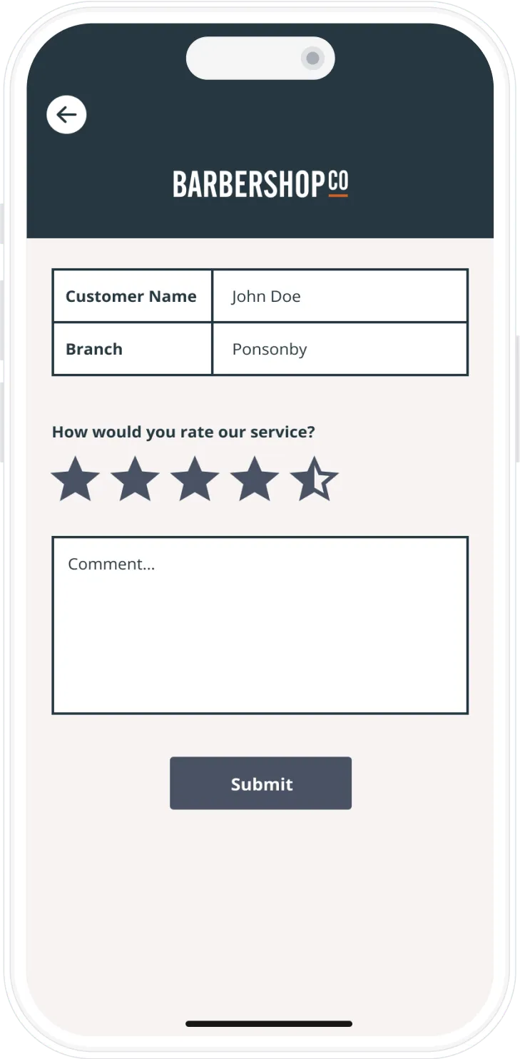BarberShopCo star rating screen with comment box to review a store visit