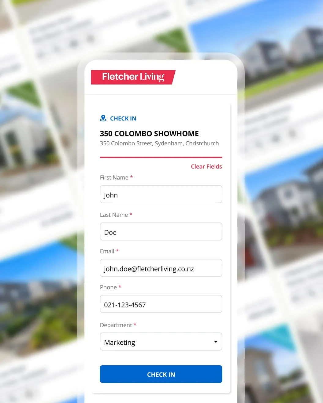 Fletcher Living mobile check-in form with name, email, phone, and department fields