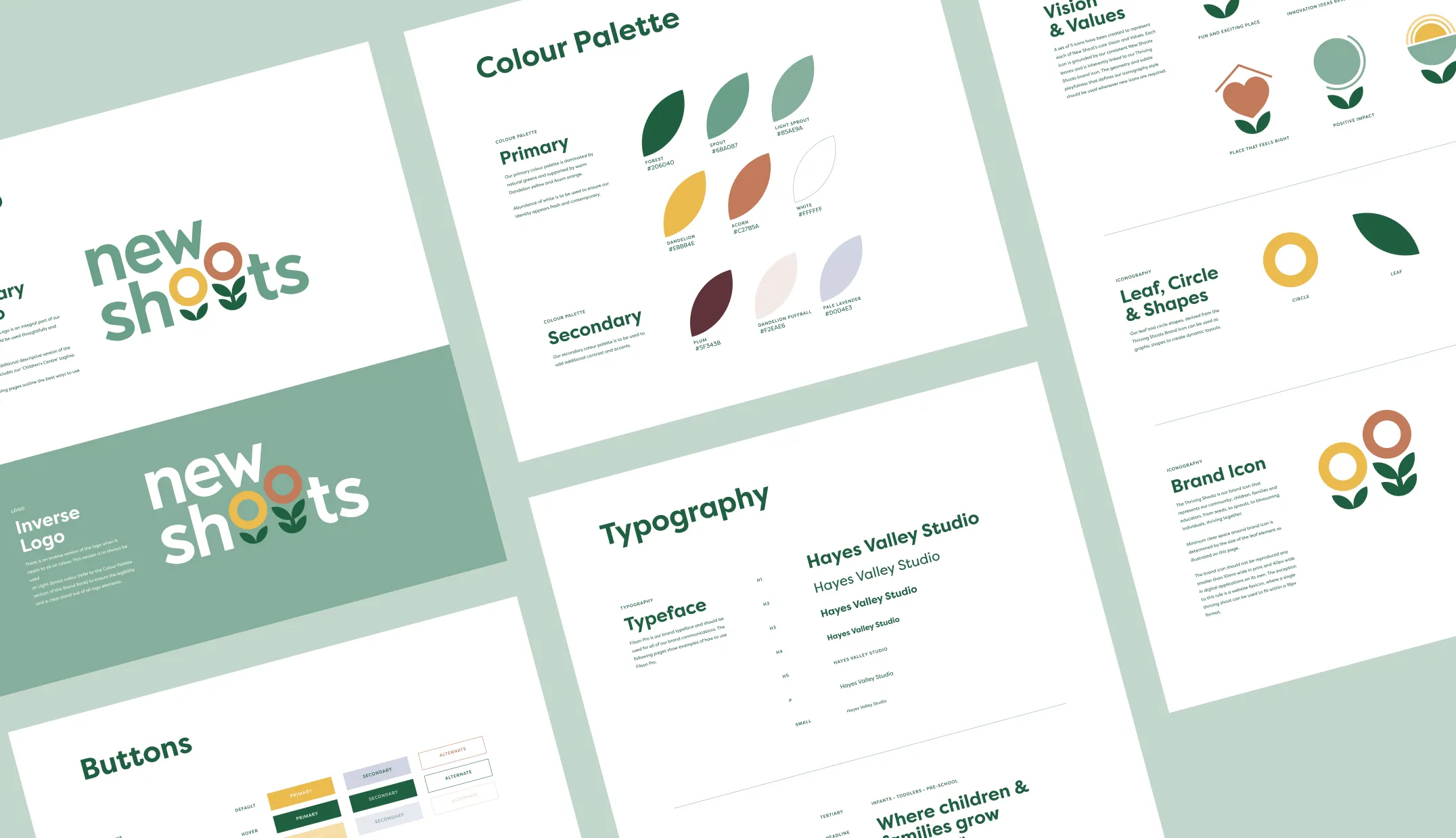 New Shoots brand guidelines showing logo, colour palette, typography and leaf iconography