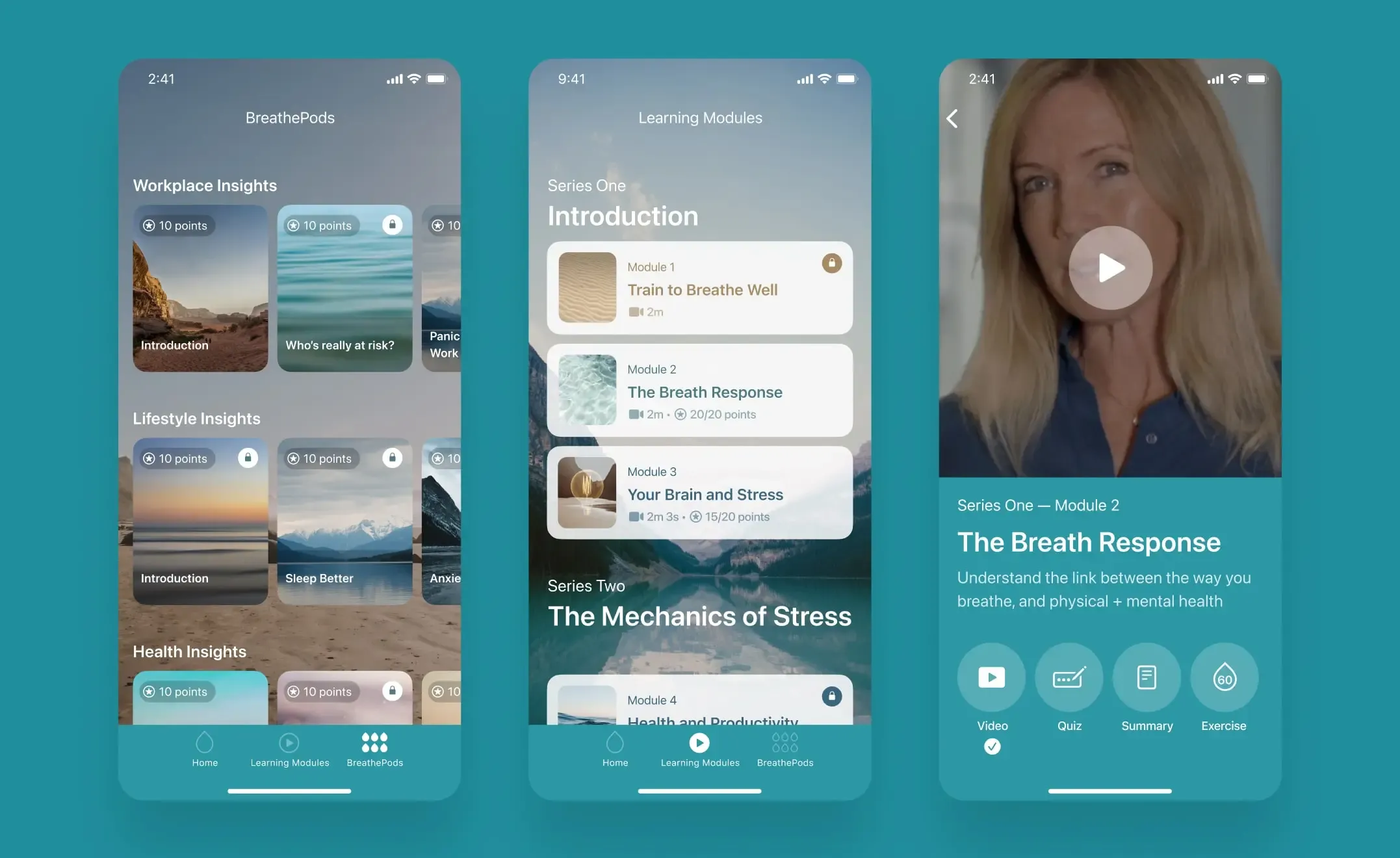 Three Take a Breath app screens showing BreathePods, learning modules and a video lesson on The Breath Response