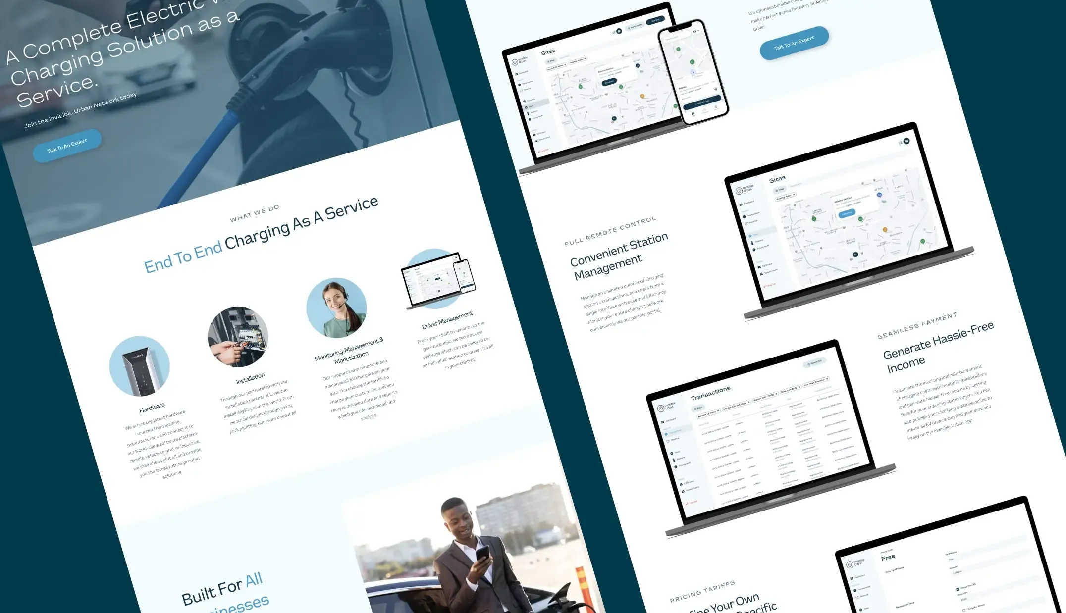 Invisible Urban admin portal dashboards for station management, transactions and pricing tariffs