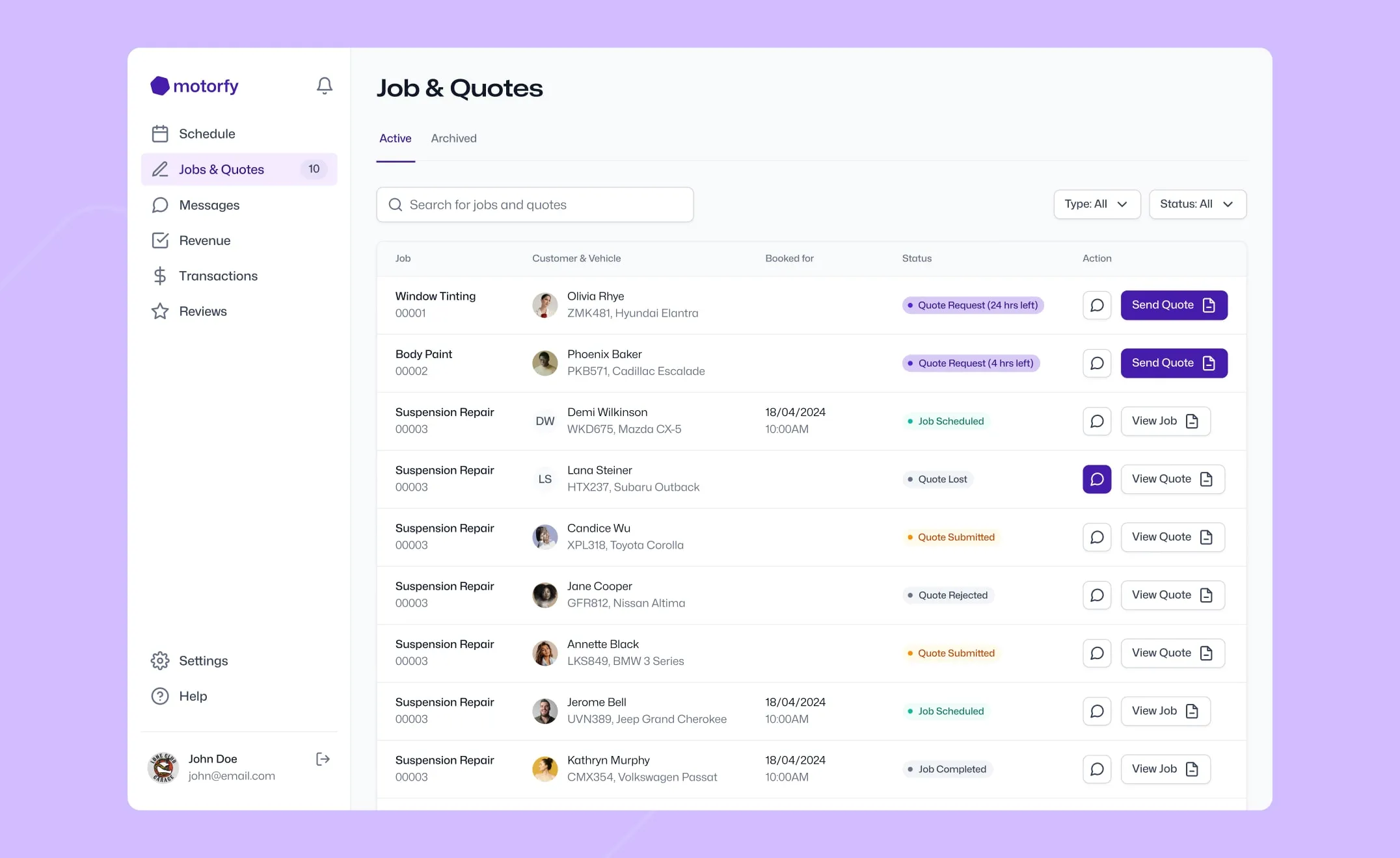 Motorfy provider admin Jobs and Quotes dashboard listing customer jobs, vehicles and status