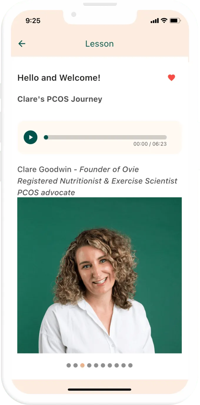 Ovie welcome lesson with an audio player and a photo of founder and nutritionist Clare Goodwin