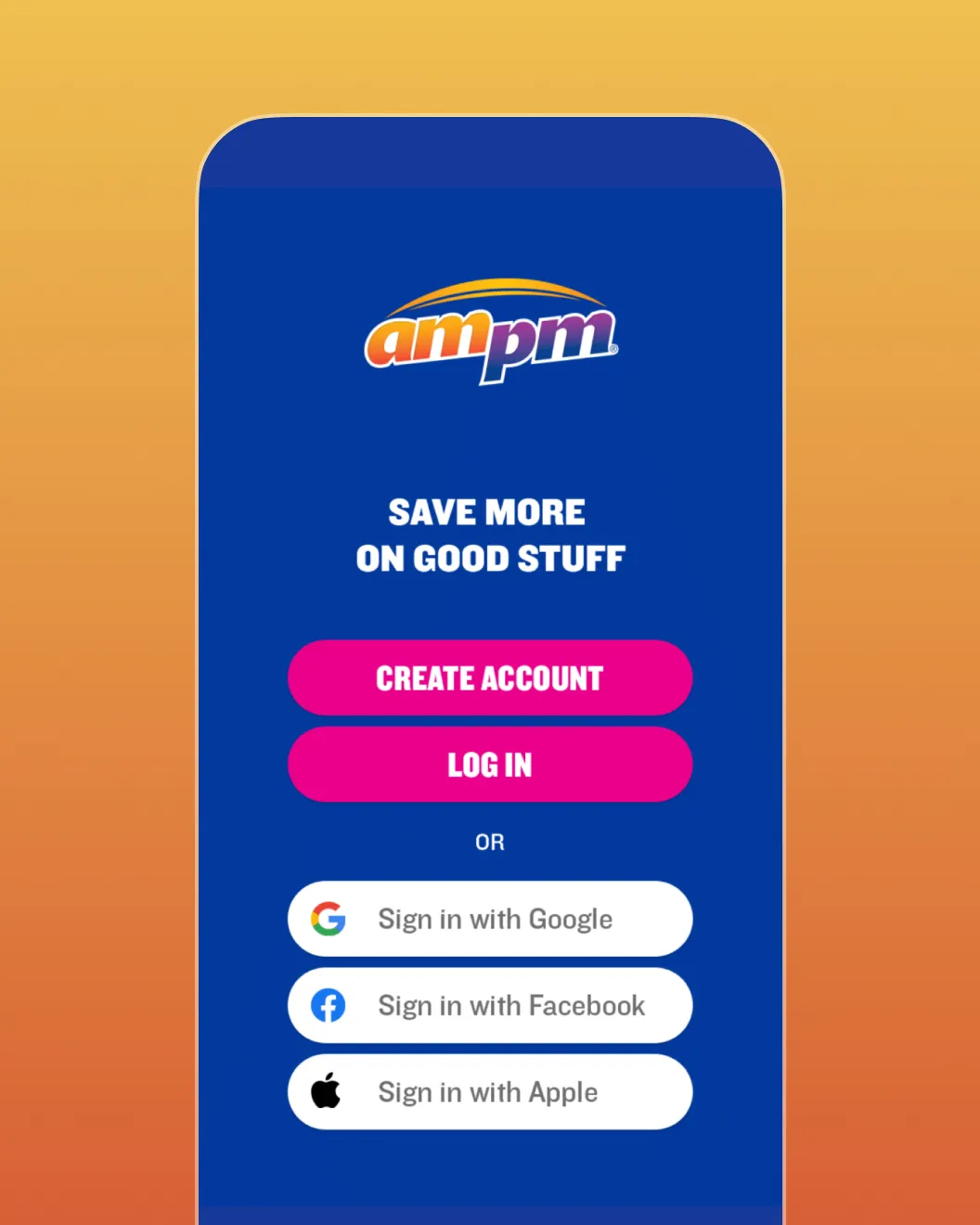 ampm app welcome screen with Create Account, Log In, and Google, Facebook and Apple sign-in