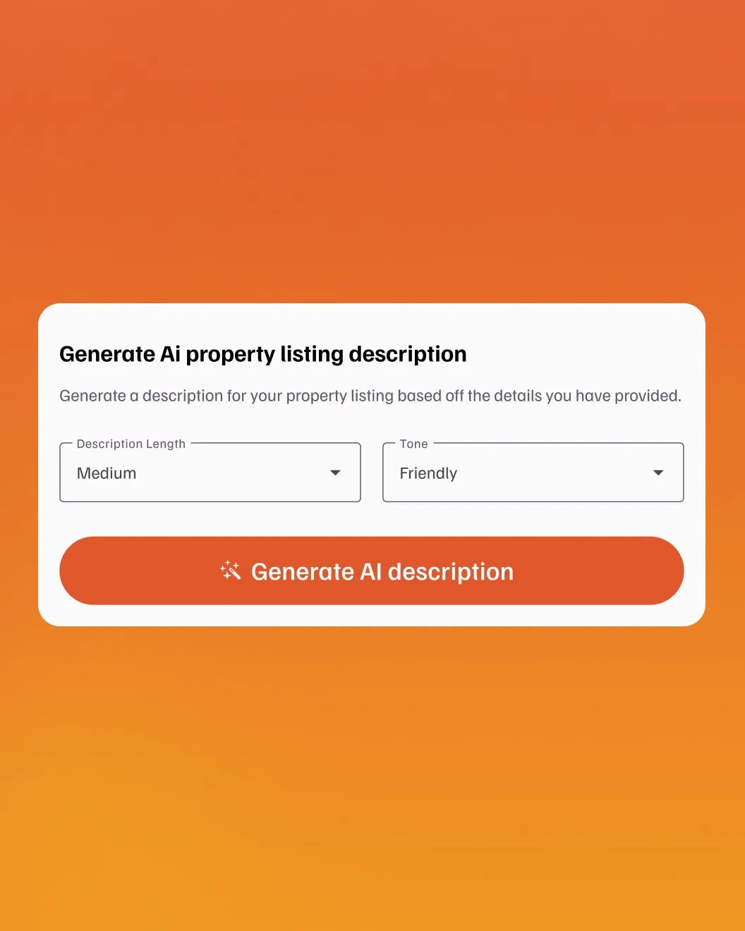 Property Writer AI generate description panel with description length and tone dropdowns