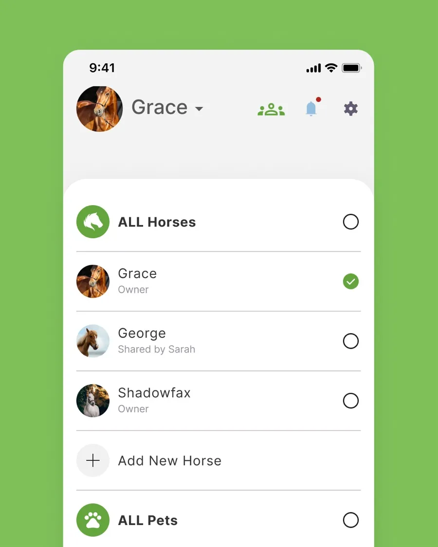 Equitask horse profile screen with a headshot and key details