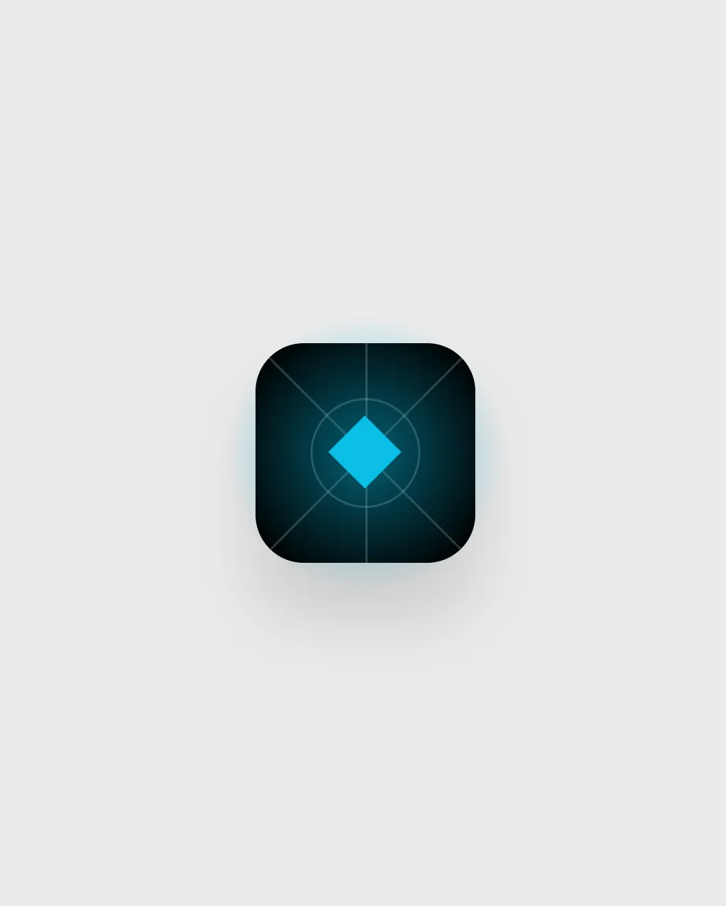 Hikotron app icon, a bright blue diamond glyph on a dark radar-grid background