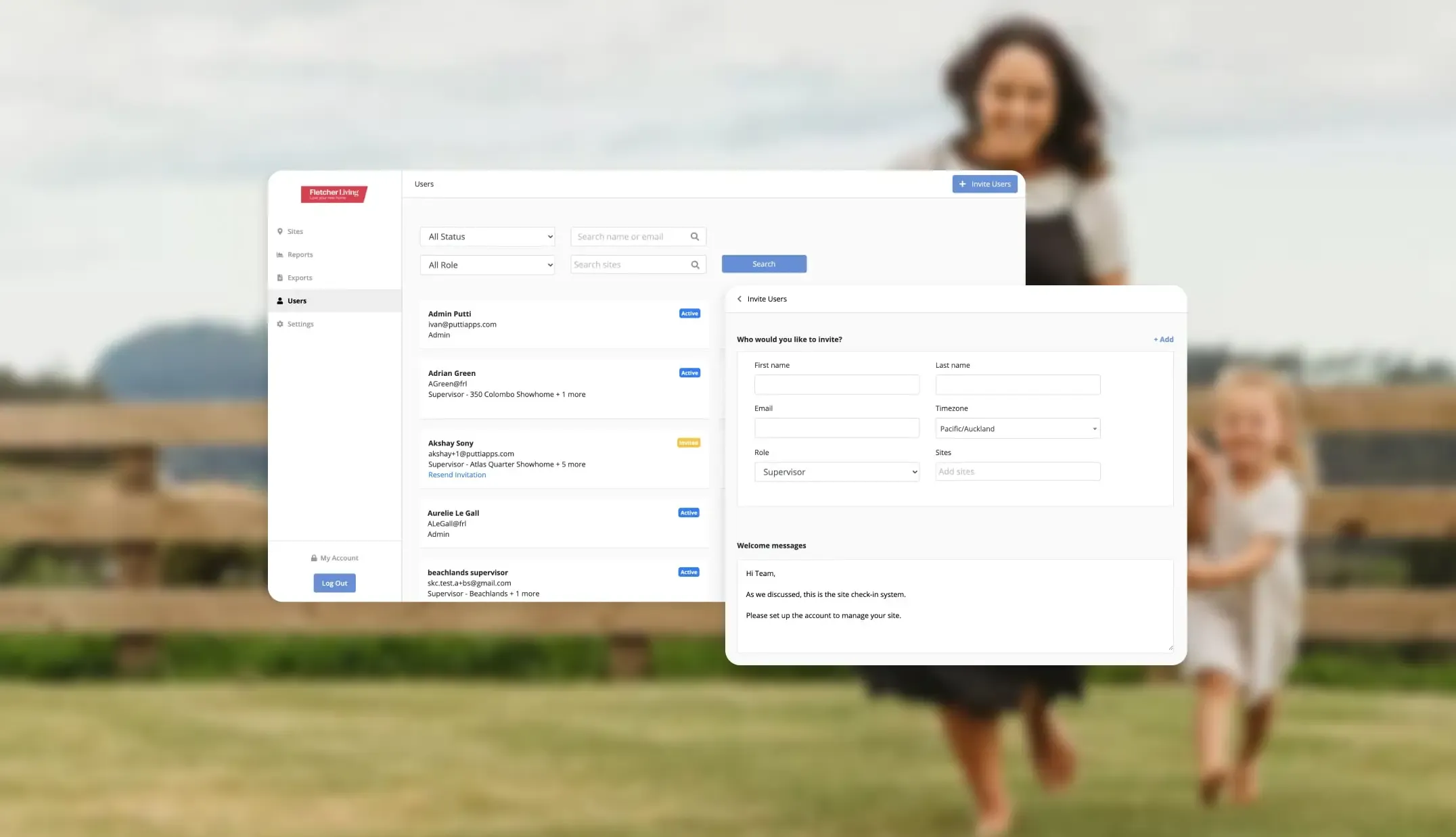 Fletcher Living admin user management screen with an Invite Users panel to add supervisors and admins to sites