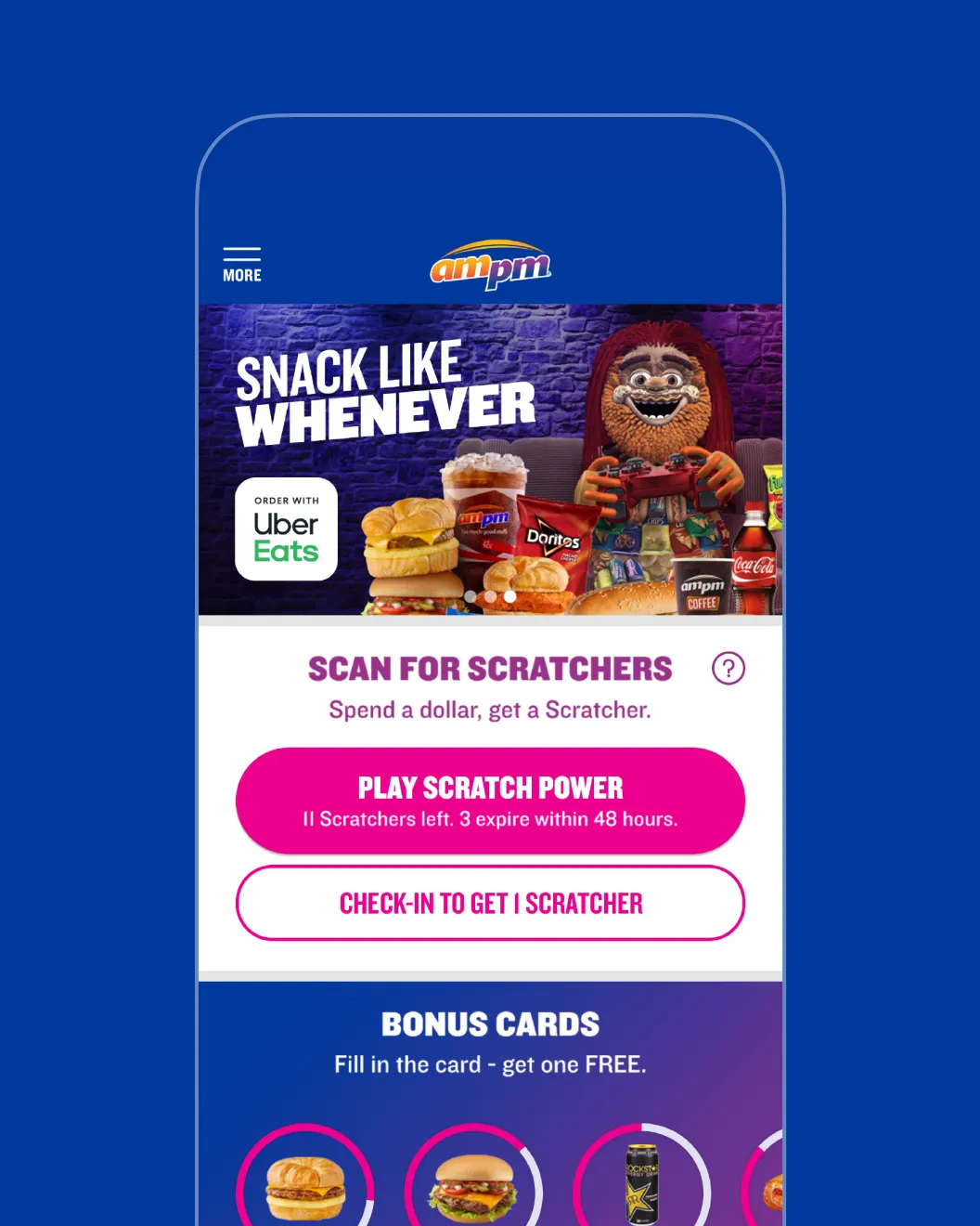 ampm loyalty app home screen with Scan for Scratchers and Play Scratch Power buttons