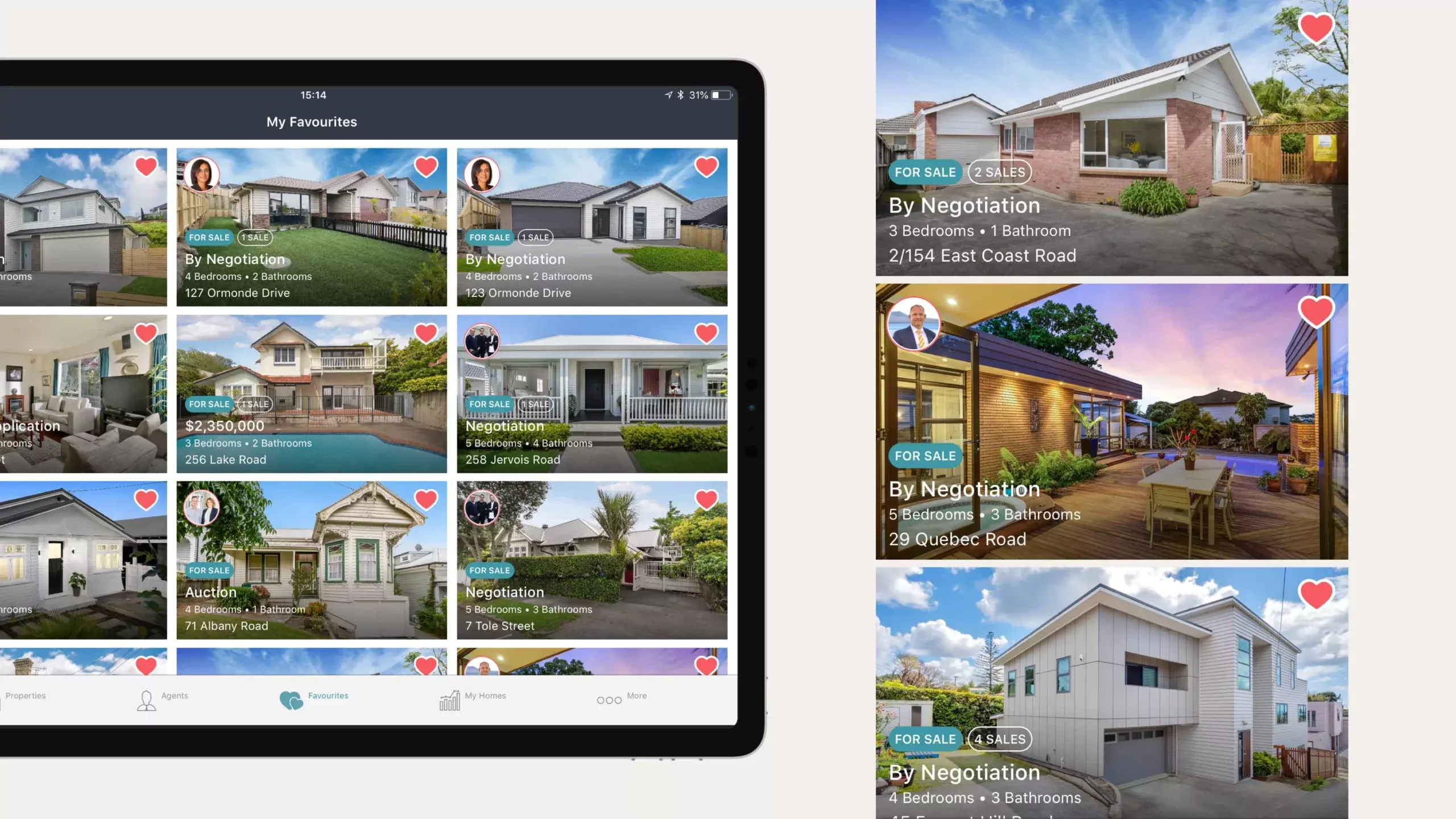 Homes.co.nz app on iPad and iPhone showing the My Favourites saved property grid