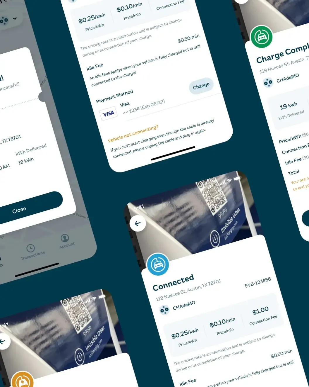 Invisible Urban driver app charging session screens showing connected, charge complete and pricing details