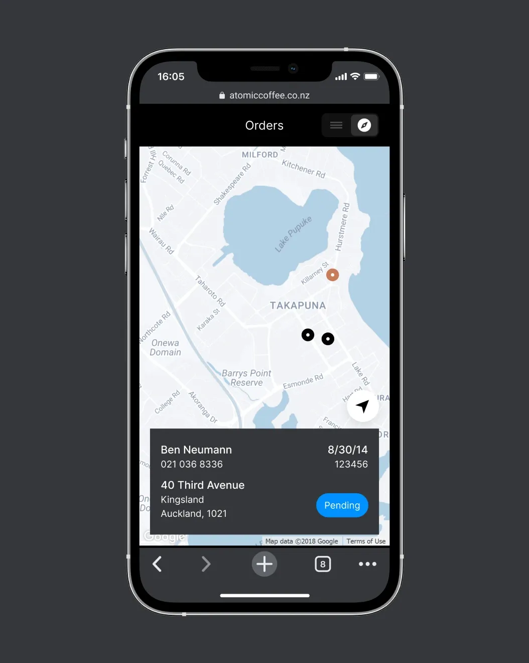 Brew Run driver route map with delivery pins across Takapuna, Auckland