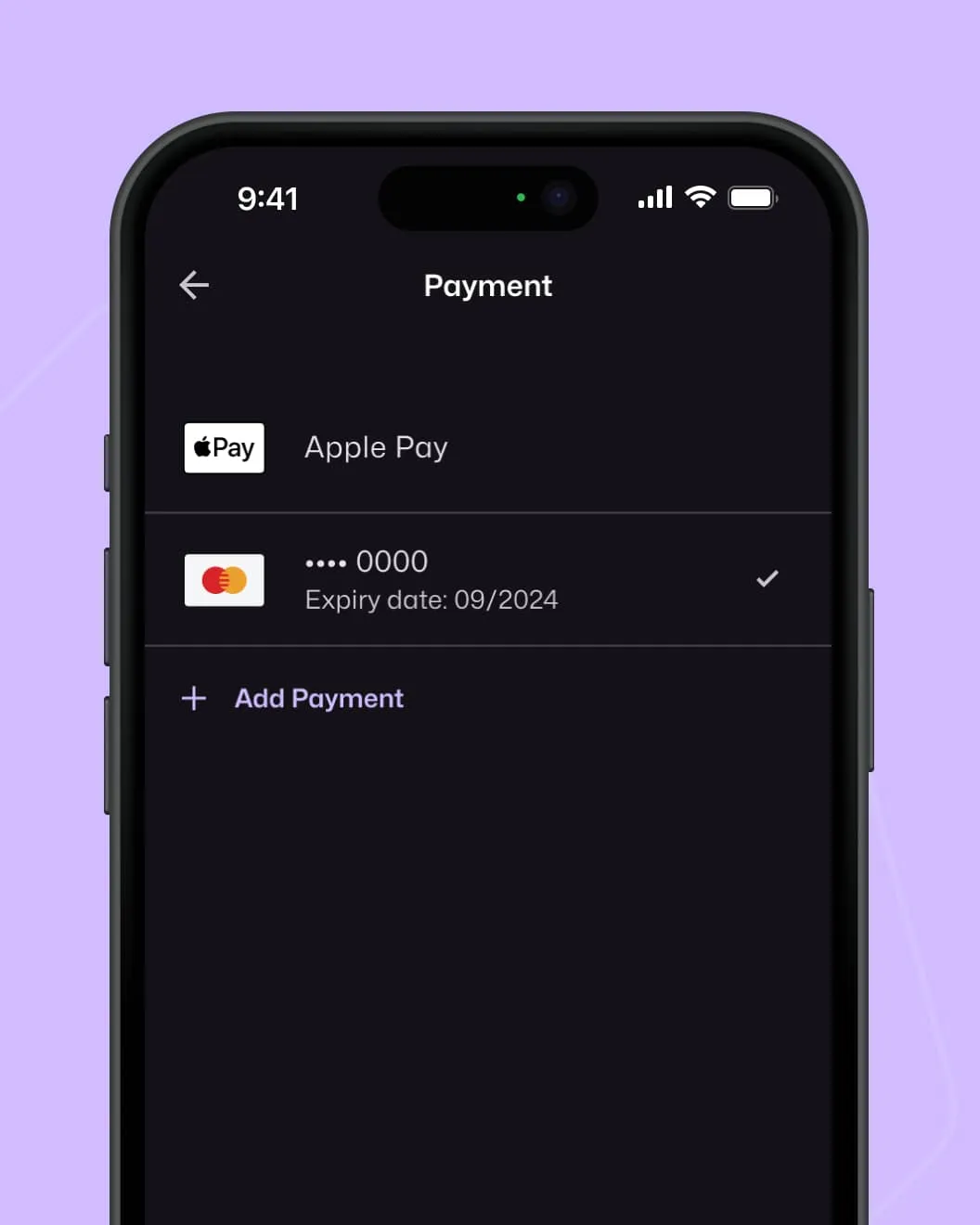 Motorfy payment screen with Apple Pay and saved Mastercard options