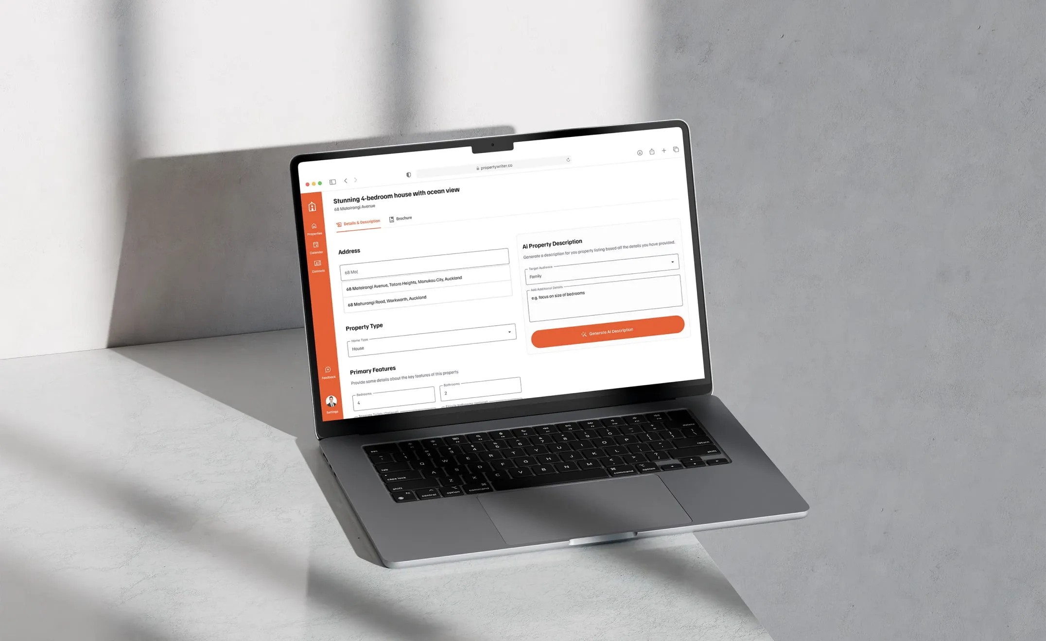 Property Writer AI details form on a laptop with address, property type, and AI description generator fields