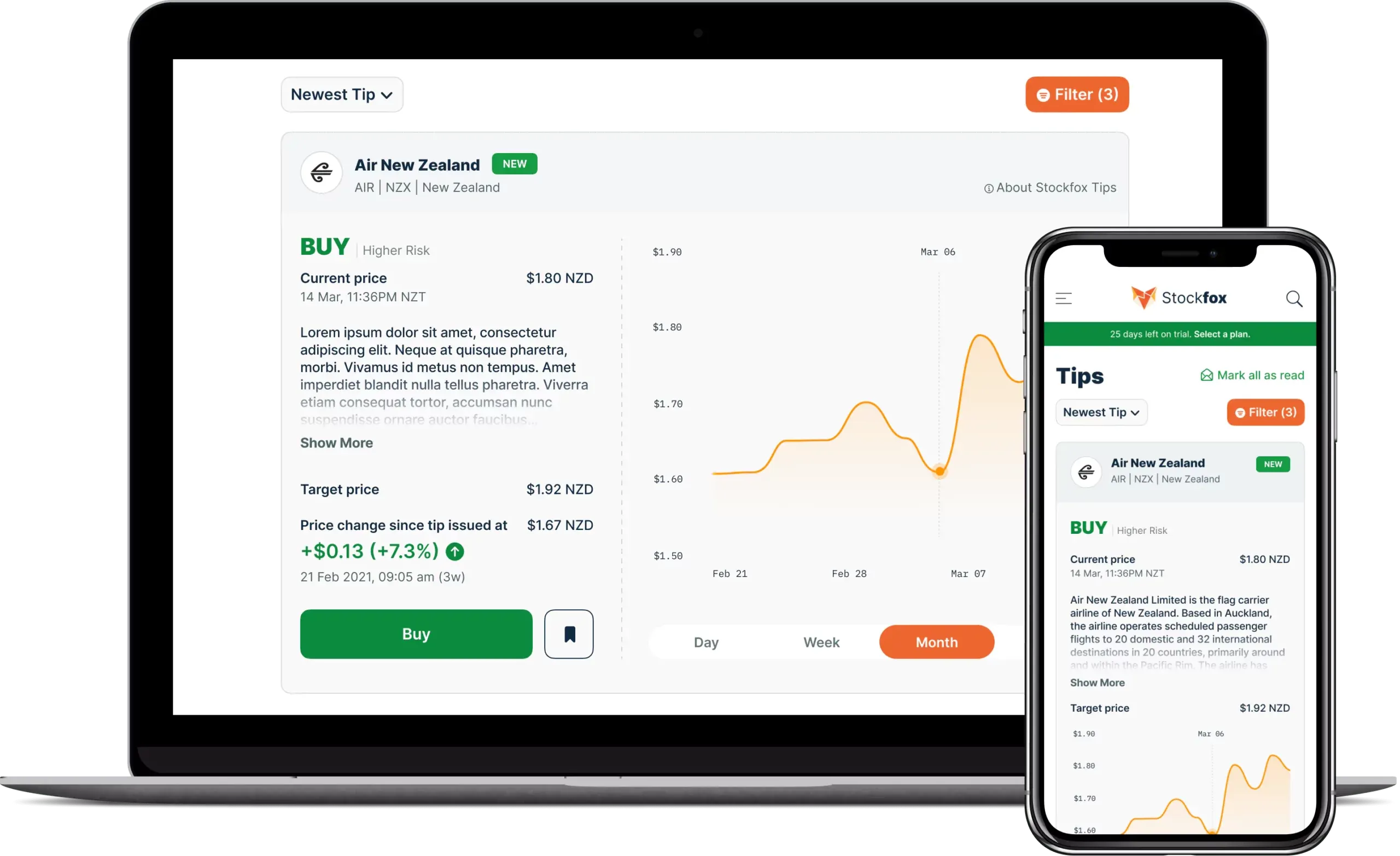 Stockfox on desktop and mobile side by side showing an Air New Zealand Buy tip with price chart, a mobile-first responsive design