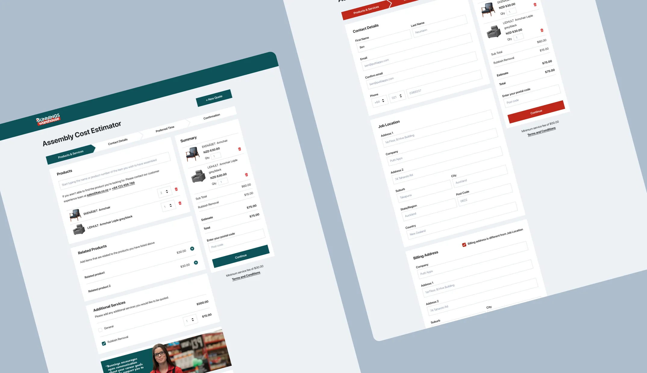 Kitset Assembly white label Assembly Cost Estimator booking portal branded for Bunnings Warehouse, with product quote summary