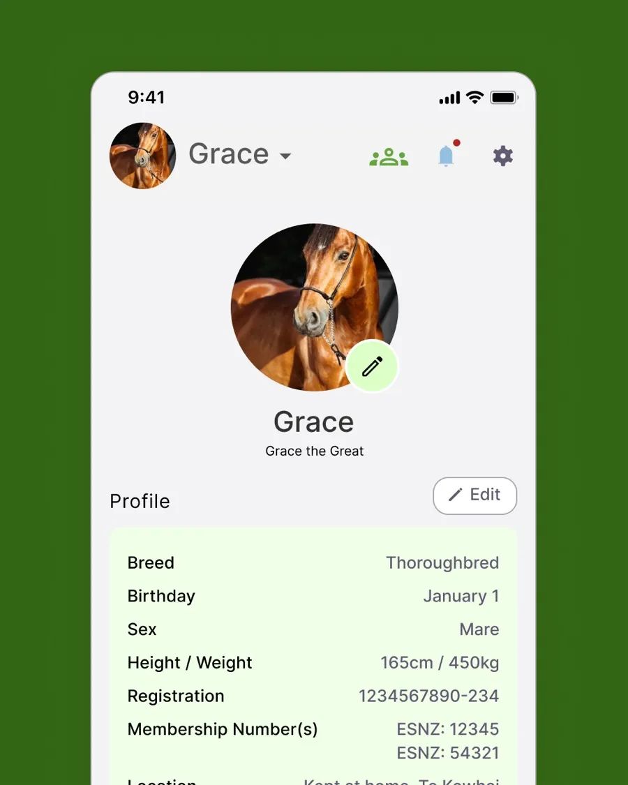 Equitask horse profile showing repeat events and linked services