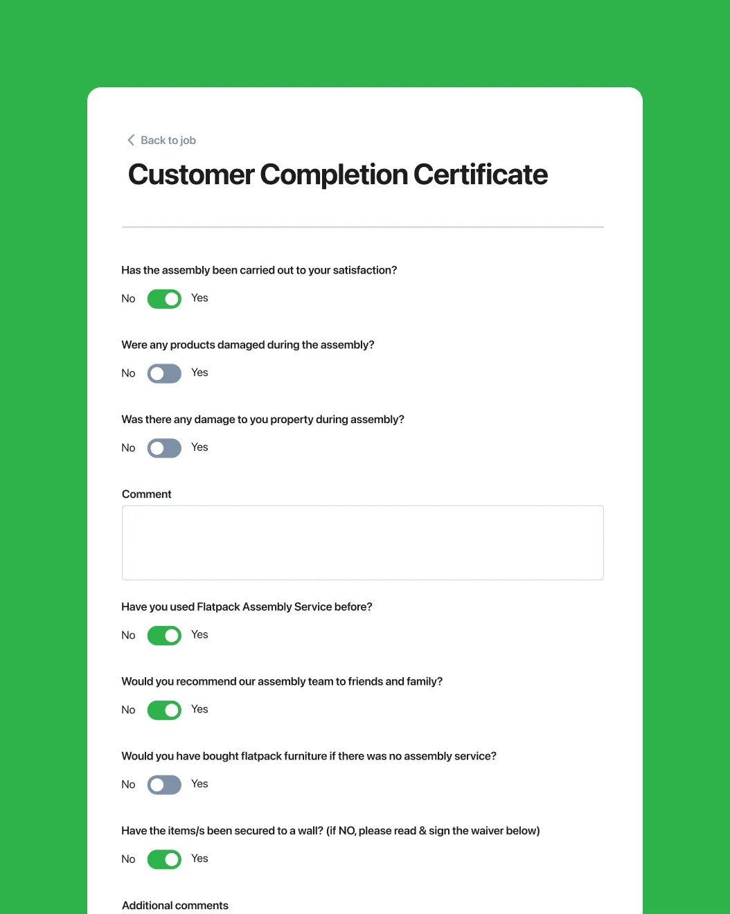 Kitset Assembly Customer Completion Certificate form with yes and no toggle questions for technicians to complete on site