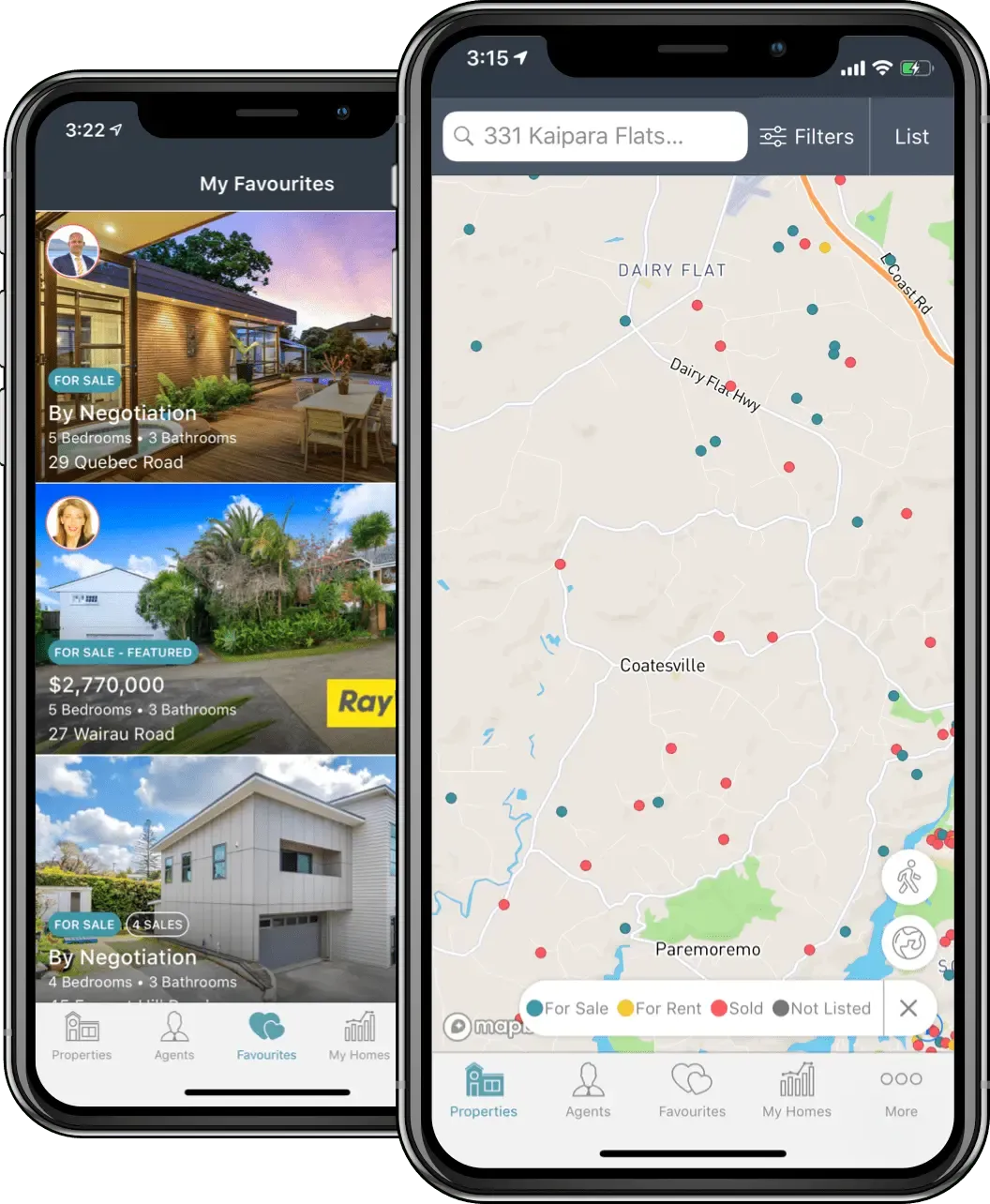 Homes.co.nz map with colour-coded for sale, for rent and sold pins beside a property listings feed