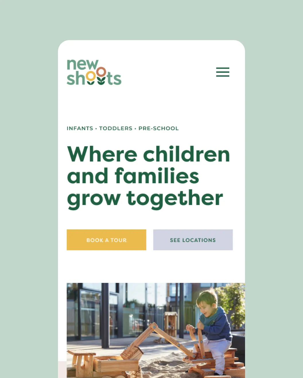 New Shoots mobile homepage hero, Where children and families grow together, with Book a Tour button