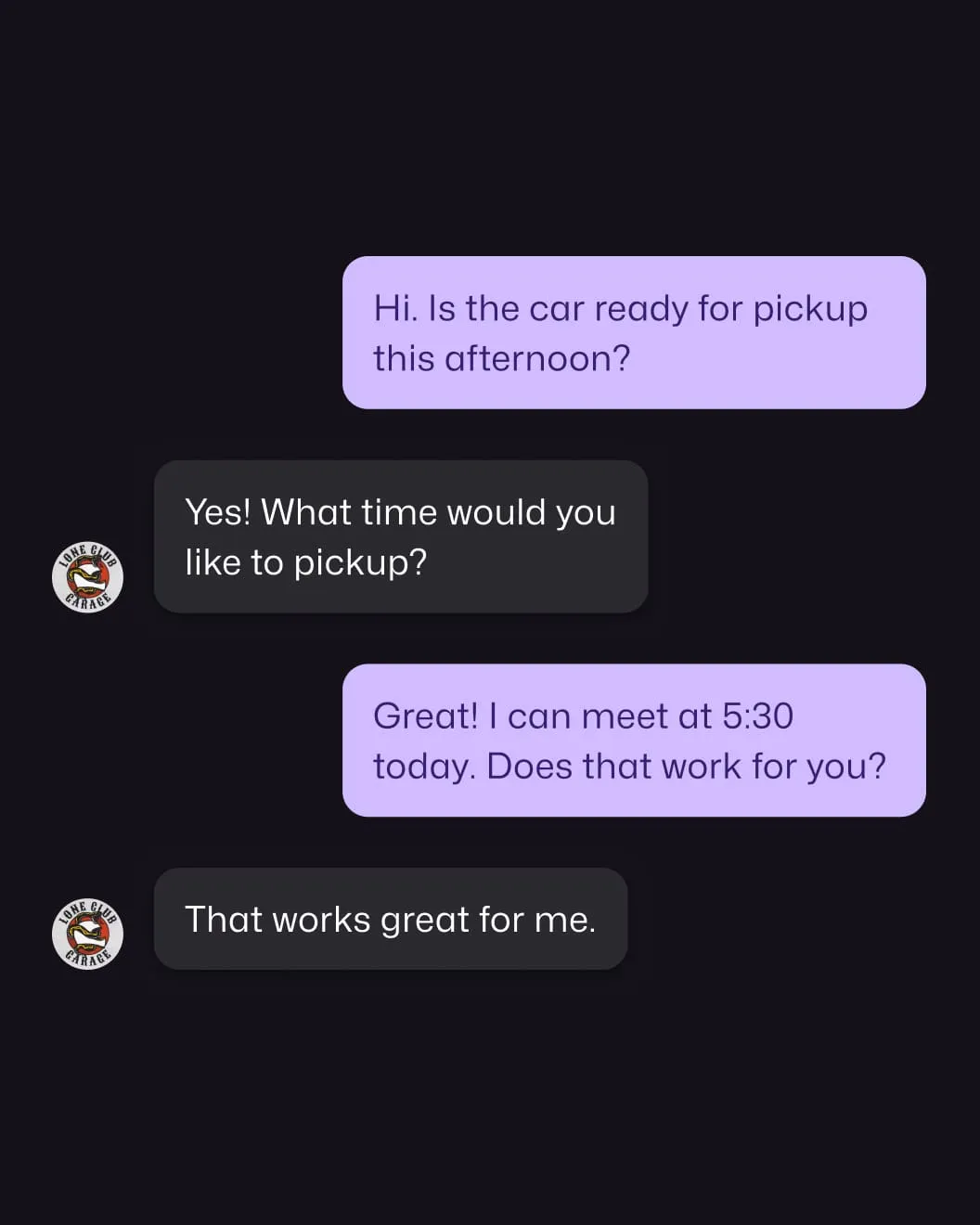 Motorfy in-app chat between a customer and garage about car pickup time
