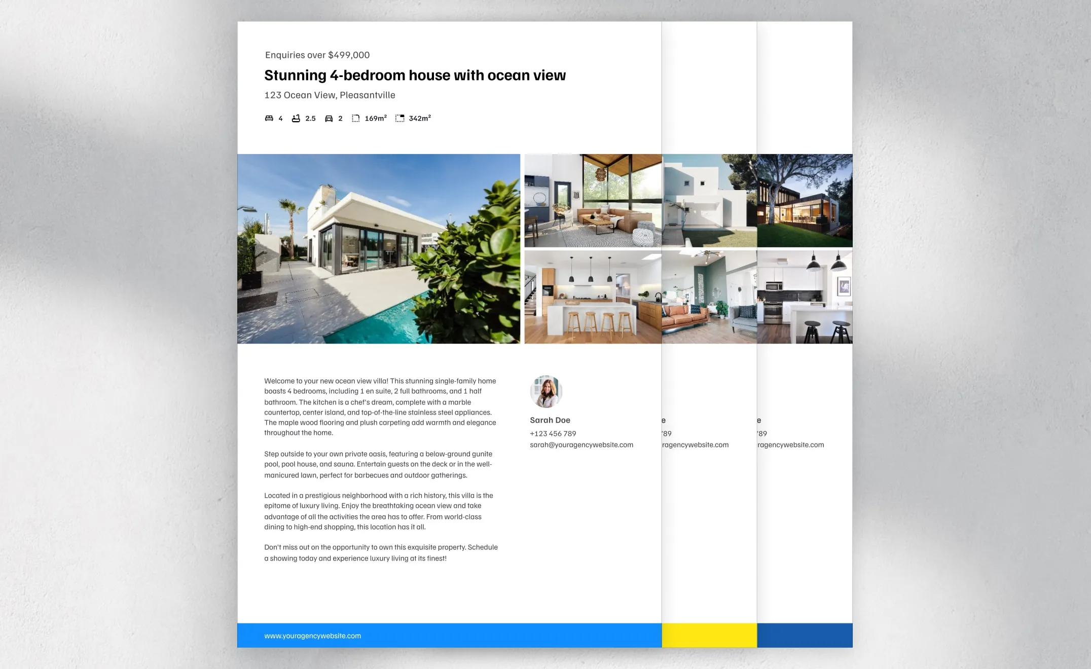Printed property flyer from Property Writer AI with photo grid, listing description, and agent contact details