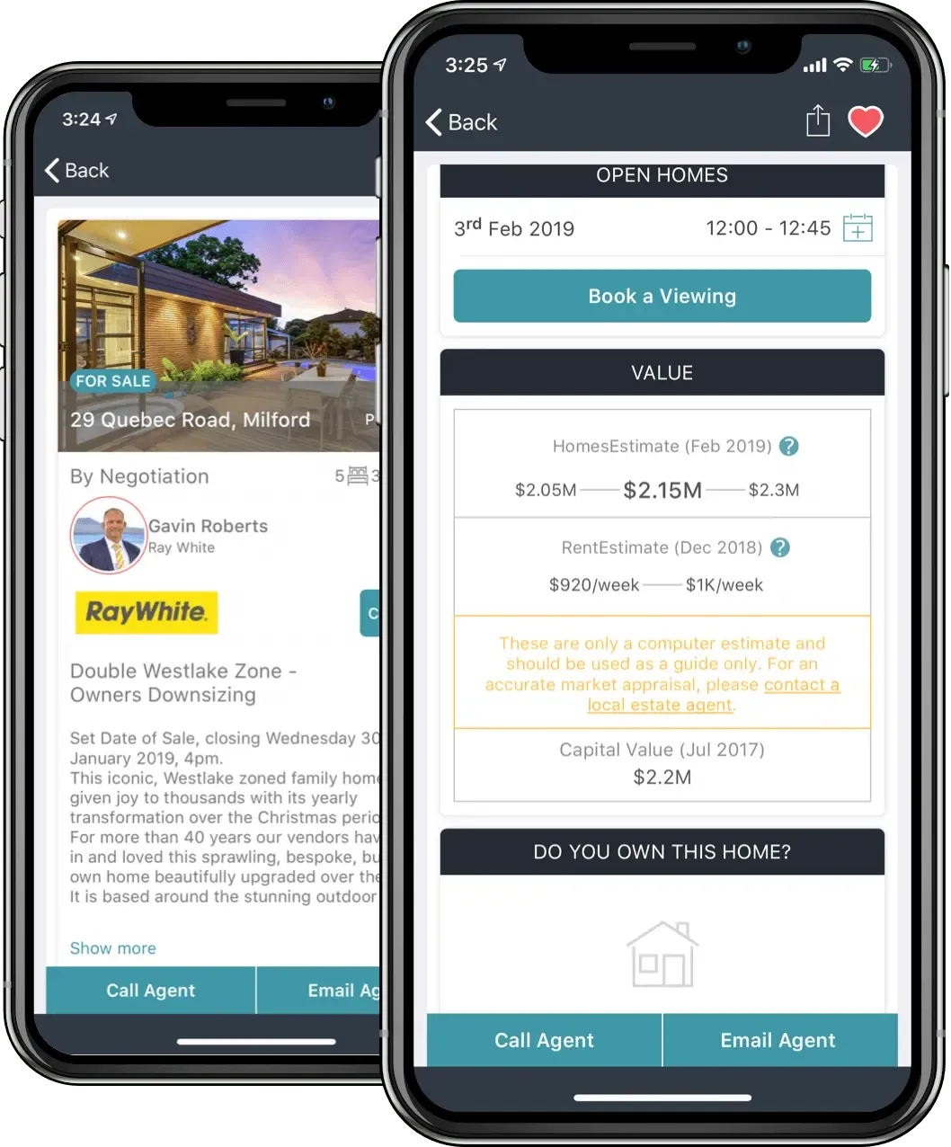 Homes.co.nz property detail showing HomesEstimate value range, RentEstimate and open home booking